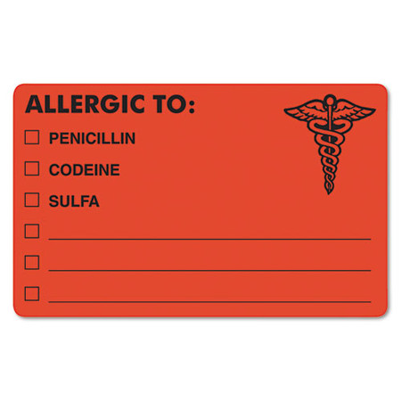 Allergy Warning Labels, Allergic To: Penicilln, Codeine, Sulfa, 2.5 X 4, Fluorescent Red, 100/roll