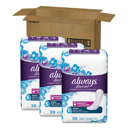 Discreet Sensitive Bladder Protection Pads, Heavy Absorbency, Long, 39/pack, 3 Packs/carton