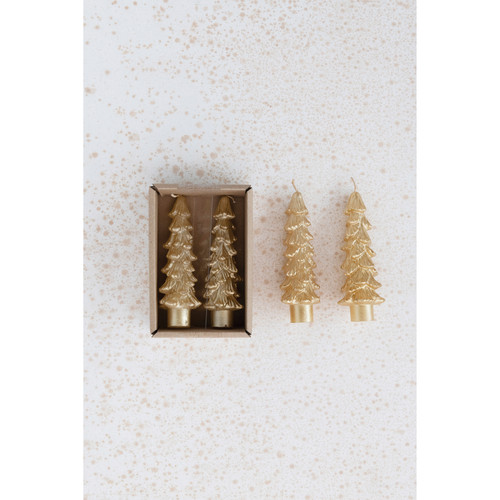 Gold- Unscented Tree Shaped Taper Candles, Set of 2
