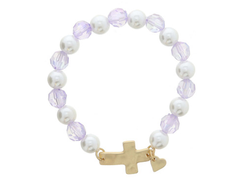 Pearl and Lavender Beaded Sideway Cross and Heart Bracelet