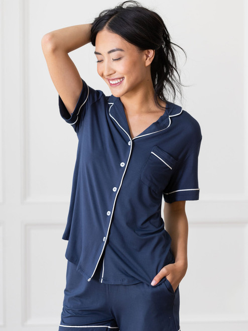 Navy Women's Short Sleeve Bamboo Pajama Top