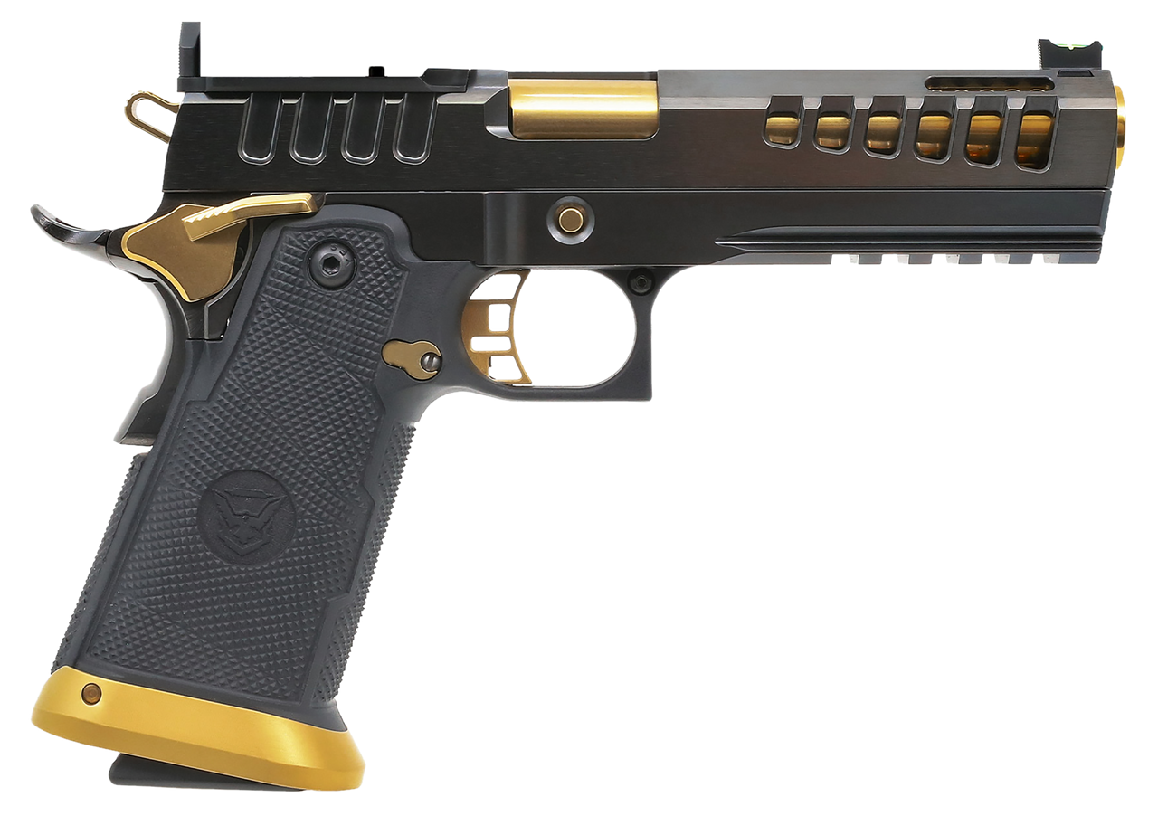 Watchtower Firearms DEMOLITIA9MM5ELITE Demolitia Full Size Frame 20+1 5″ Gold Plated PVD Ported Barrel, Graphite PVD Optic Cut/Serrated Steel Slide, Graphite PVD Frame, Black Textured Grip