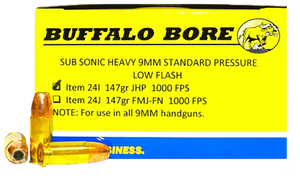 Buffalo Bore Ammunition 24I20 Subsonic Strictly Business 9mmLuger Subsonic 147gr Jacketed Hollow Point 20 Rounds
