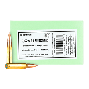 Sellier & Bellot SB762SUBB Rifle  308Win 200gr Full Metal Jacket Subsonic 20 Rounds