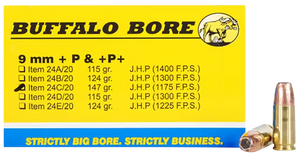 Buffalo Bore Ammunition 24C20 Personal Defense Strictly Business 9mmLuger +P+ 147gr Jacket Hollow Point 20 Per Box/12 Case