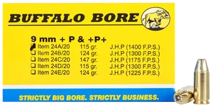 Buffalo Bore Ammunition 24A20 Personal Defense Strictly Business 9mmLuger +P+ 115gr Jacket Hollow Point 20 Rounds