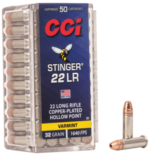 CCI Varmint Stinger 22 Long Rifle Copper Plated Hollow Point 32 Grain 50 Rounds