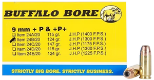Buffalo Bore Ammunition 24B20 Personal Defense Strictly Business 9mmLuger +P+ 124gr Jacket Hollow Point 20 Rounds