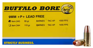 Buffalo Bore Ammunition 24G20 Buffalo-Barnes Strictly Business 9mmLuger +P+ 95gr Barnes TAC-XP Lead Free 20 Rounds