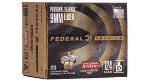 Federal Premium Personal Defense 9mm Luger Hydra-Shok Jacketed Hollow Point 124 Grain 20 Rounds