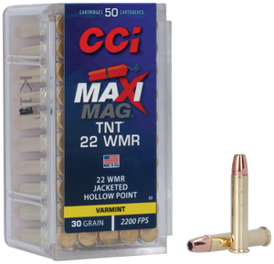 CCI, 22 Maxi-Mag TNT, 22 Winchester Mag, Jacketed Hollow Point, 30 Grain, 50 Rounds