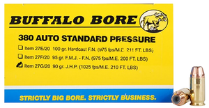 Buffalo Bore Ammunition 27G20 Standard Pressure Strictly Business 380ACP 90gr Jacket Hollow Point 20 Rounds