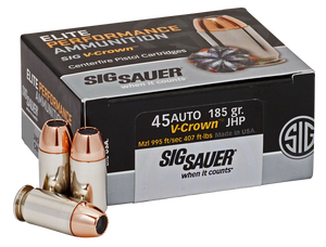 Sig Sauer E45AP050 45 ACP V Crown Jacketed Hollow Point 185 Grain 50 Rounds