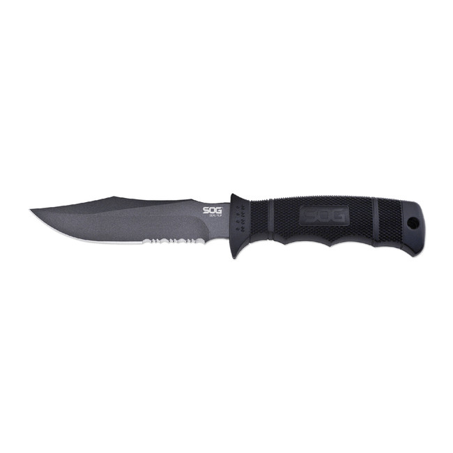 S.O.G SOGM37NCP Seal Pup  4.75" Fixed Clip Point Part Serrated Powder Coated AUS-8A SS Blade Black w/Raised Diamond Pattern GRN Handle Includes Lanyard/Sheath - SOGM37NCP - 729857994767