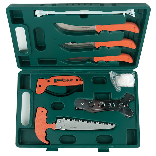AccuSharp 728C Game Processing Kit Butcher/Caper/Gut-Hook/Bone Saw/Ribcage Spreader Gut Hook/Saw/Plain Stainless Steel Blade Orange FRN Handle - 728C - 015896007286