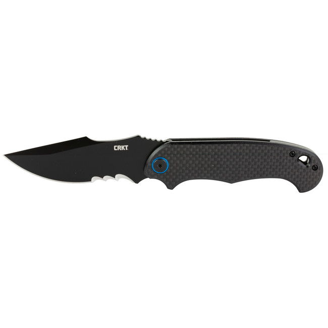 CRKT 7920K P.S.D.  3.63" Folding Recurve Veff Serrated Black EDP 4116 Stainless Steel Blade/ Black w/Blue Backspacer G10/Carbon Fiber Handle Includes Pocket Clip