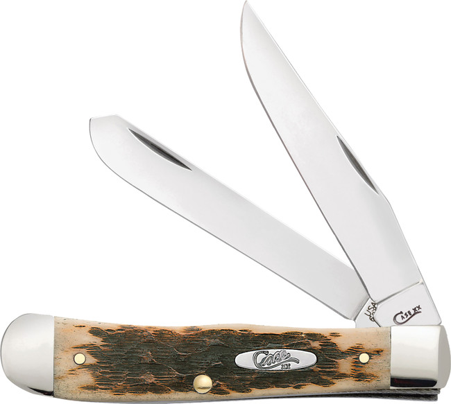 Case 00164 Trapper  Medium 3.25"/3.27" Folding Clip Point/Spey Plain Mirror Polished Tru-Sharp SS Blade Peach Seed Jigged Amber Bone Handle - 00164 - 021205001647