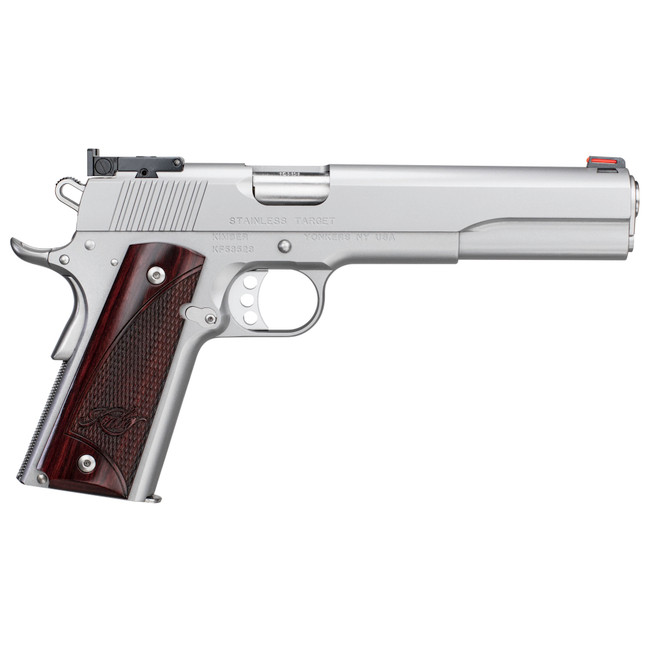 Kimber Mfg, Inc 3000373 Target Long Slide 45 ACP 7+1 6" Stainless Match Grade Barrel, Satin Silver Long/Serrated Stainless Steel Slide, Satin Silver Stainless Steel Frame w/Beavertail, Rosewood Grip - 3000373 - 669278303734