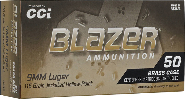 CCI Blazer Brass HP Pistol Ammo 9mm Luger 115gr. JHP 50 rd. - 5239 - 604544700145