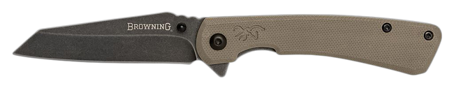 Browning 3220512 Branded Rock  EDC 3" Folding Wharncliffe Plain Black Stonewashed 7Cr17MoV SS Blade, Flat Dark Earth G10 Handle