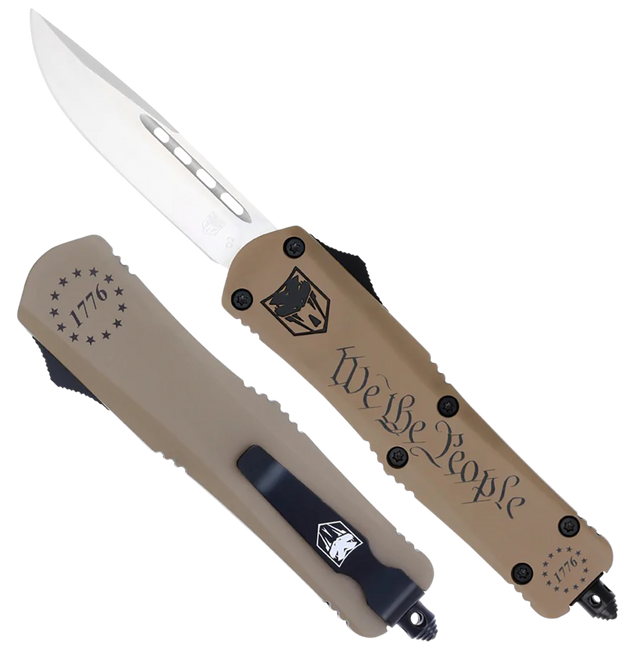 CobraTec Knives SWTPFS3DNS FS-3 We The People Small 2.75" OTF Drop Point Plain Aluminum Cerakoted D2 Steel Blade, Tan "We The People" Aluminum Handle