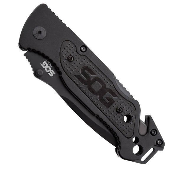 S.O.G SOGFF25CP Escape  3.40" Folding Clip Point Part Serrated Black Hardcased 9Cr18MoV SS Blade Black Anodized Aluminum Handle Includes Belt Clip - SOGFF25CP - 729857996631