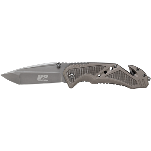 M&P Clip Folder, Liner Lock, Grey Blade and Grey Handle, Strap Cutter, Ceramic Glass Breaker - SWMP11GCP
