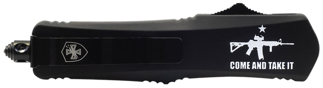 Templar Knife SAR15531 Come And Take It AR-15 Gen II Small 2.69" OTF Tanto Part Serrated Black 440C SS Blade, 4.31" Black w/"Come And Take It" AR-15 Gun Aluminum Handle, Includes Pocket Clip/Sheath
