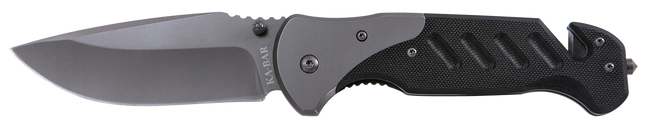 Ka-Bar 3085 Coypu  3.75" Folding Clip Point Plain Stonewashed 5Cr15MoV SS Blade, Black G10 Handle, Features Glass Breaker/Seat Belt Cutter
