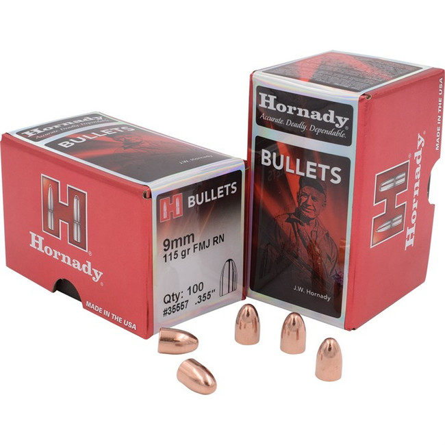 Hornady FMJ Round Nose Bullets 9 mm. .355 in. 115 gr. 100 pk