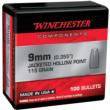 Winchester Ammo WB9JHP115X Centerfire Handgun Reloading 9mm 115gr Jacketed Hollow Point 100 Per Box/10 Case