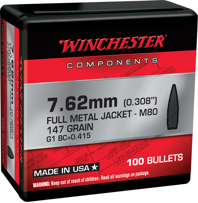 Winchester Ammo WB762147NX Centerfire Rifle  308Win 7.62x51mmNATO 147gr Full Metal Jacket 100 Per Box/10 Case