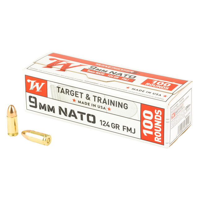 Winchester USA White Box Pistol Ammo 9mm 124 gr. FMJ 100 rd. - W9NATOVP - 020892232020
