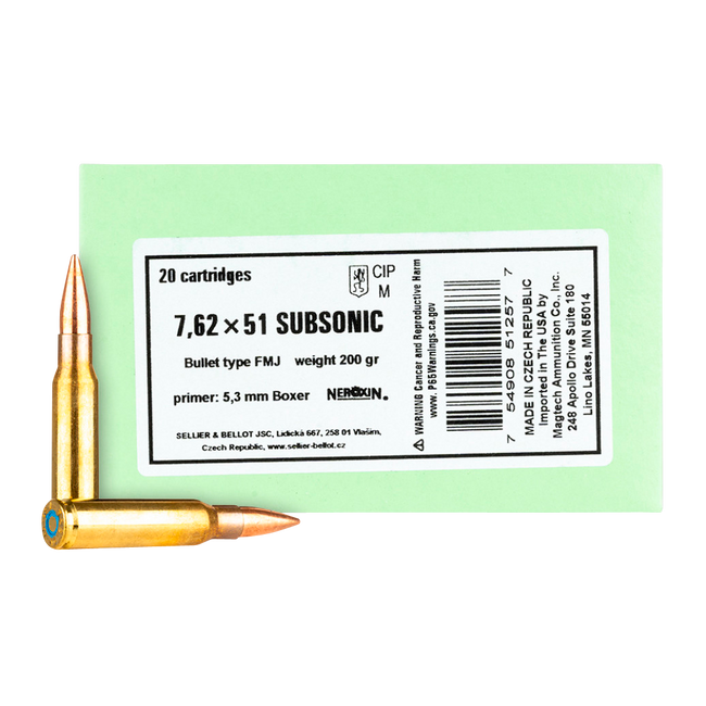 Sellier & Bellot SB762SUBB Rifle  308Win 200gr Full Metal Jacket Subsonic 20 Rounds