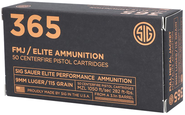 Sig Sauer E9MMB136550 Elite Ball 365 9mm Luger 115 gr Full Metal Jacket 50 Rounds