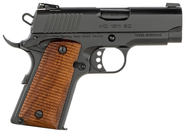 EAA GIRSAN 390045 MC1911 SC  Compact 9mm Luger 7+1, 3.40" Black Steel Barrel, Blued Serrated Slide, Black Aluminum Frame w/Beavertail, Checkered Laminate Grips, Ambidextrous