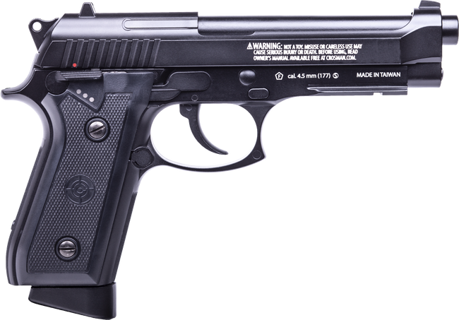 Crosman PFAM9B Full Auto Air Pistol CO2 177 BB 20rd Smooth Bore Brass Barrel, Blow Back Action, Fixed Front/Notched Rear Sights, Full Metal Frame, Black Polymer Grips, Selector Safety