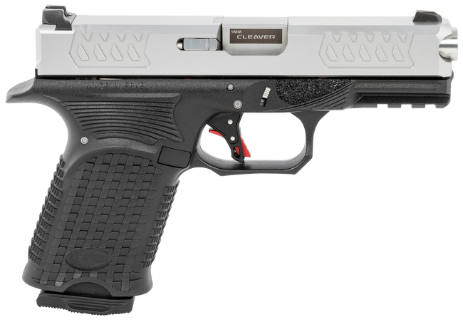 Bul Armory AXECCLEVSLV9US Axe Cleaver Compact 9mm Luger 15+1, 4.02" Stainless Steel Barrel, Silver Serrated Stainless Steel Slide, Black Polymer Frame w/Beavertail & Picatinny Rail,  Ambidextrous