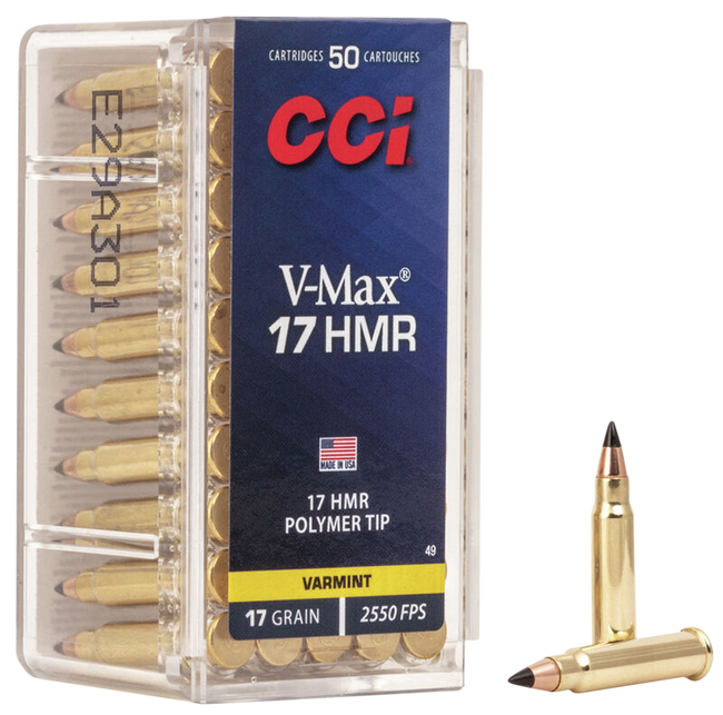 CCI Varmint Rimfire Ammo 17 HMR V-Max Polymer Tip 17 Grain 50 Rounds