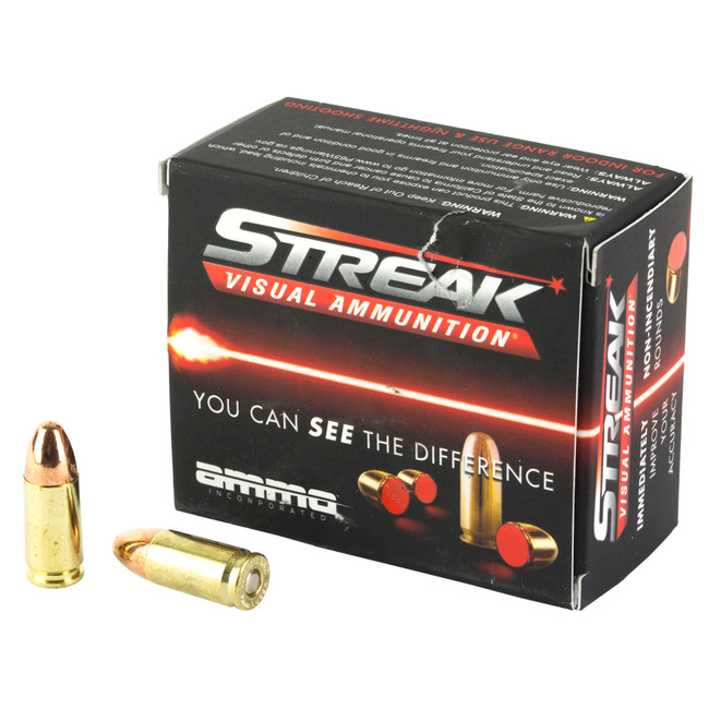 Ammo Inc Streak Handgun Ammunition 9mm Luger Red 115gr TMJ 1124 fps 20/ct