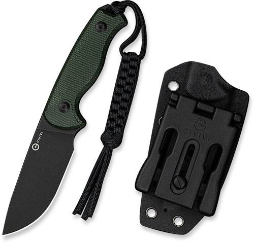 CIVIVI Timberbark FIXED Green Canvas Micarta Handle (3.2"" Black Stonewashed 14C28N Blade) C23094-3, With 1PC Black Lanyard, Black Kydex Sheath & T-Clip - C23094-3 - 724065713278