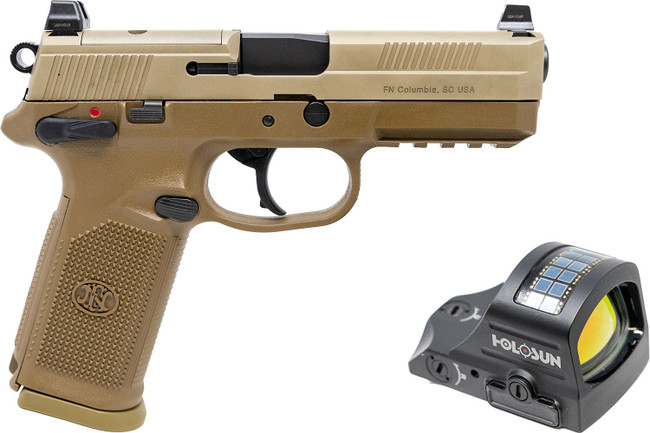 FN 66102272 FNX w/Optic 45 ACP 10rd 5.30" Black Steel Barrel, Flat Dark Earth Optic Ready/Serrated Stainless Steel Slide & Polymer Frame w/Picatinny Rail, Holosun 407C Red Dot, 5 Mags, Ambidextrous - 66102272 - 845737019181