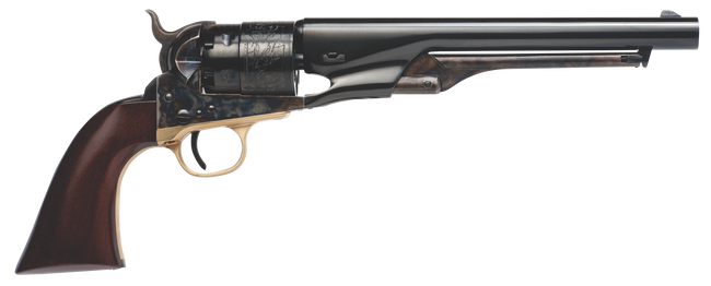 Cimarron CA040 1860 Army Cut For Stock .44 Cal 6 Shot, 8" Blued Round Steel Barrel, Blued Fluted Cylinder, Color Case Hardened Steel Frame, Smooth Walnut Grip, Exposed Hammer