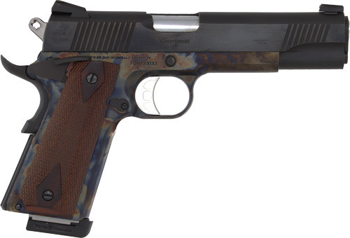 Tyler Gun Works TGWGVCC45 Custom 1911 Government Full Size Frame 45 ACP 7+1 5" Stainless Match Grade Barrel, Blued Serrated Steel Slide, Color Case Steel Frame w/Beavertail, Walnut Grip