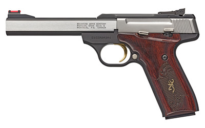 Browning 051543490 Buck Mark Medallion 22 LR 10+1 5.50" Blackened SS Slab Side Barrel, Stainless Steel Serrated SS Slide, Matte Black Aluminum Frame, Checkered Rosewood w/Gold BuckMark Inlay Grip - 051543490 - 023614735618