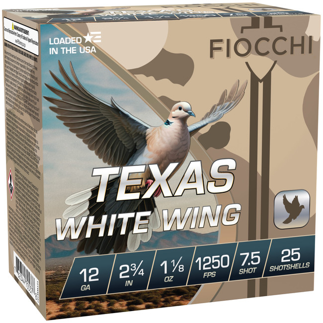 Fiocchi Texas White Wing Shotgun Ammo 12 ga. 2.75 in. 1 1/8 oz. 1250 FPS 7.5 Shot 100 rd - 12TWW187 - 762344866567