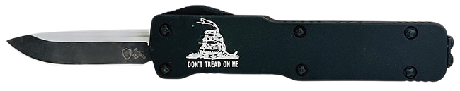 Templar Knife  Premium LW Don't Tread On Me Micro 1.85" OTF Drop Point Plain Black Oxide Stonewashed Powder Coated D2 Steel Blade, 3.50" Black w/"Don't Tread On Me" Aluminum Handle, California Legal