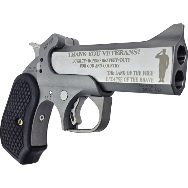 Bond Arms BA30THVET-45LC/410 30th Vet  45 Colt (Long Colt)/410 Gauge 2 Shot 4.25" Engraved Matte Barrel, Rough Matte Stainless Steel Frame, Black Grips - BA30THVET-45LC/410 - 855959008511