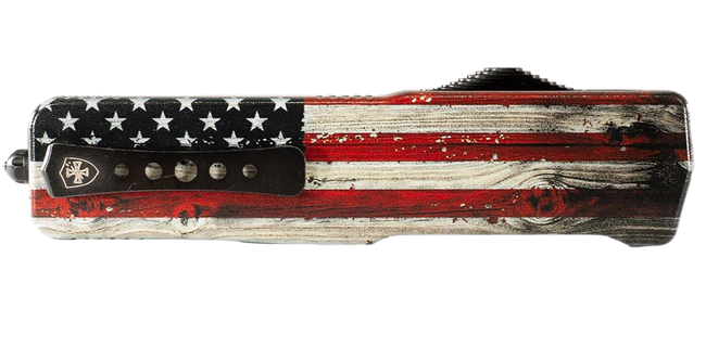 Templar Knife  Premium Weighted Wood US Flag Slim 3" OTF Tanto Part Serrated Black Oxide Stonewashed Powder Coated D2 Steel Blade, 4.50" Painted Wood Grain US Flag Aluminum Zinc Alloy Handle