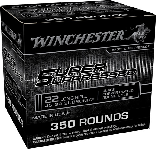 Winchester Super Suppressed Rimfire Ammo 22 LR 45 gr. Subsonic Black Copper Plated 350 rd.